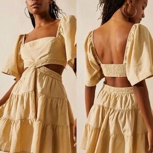 Free People Dress Womens S/P  Beige Cross Of Sunlight Mini Boho Square Neck
